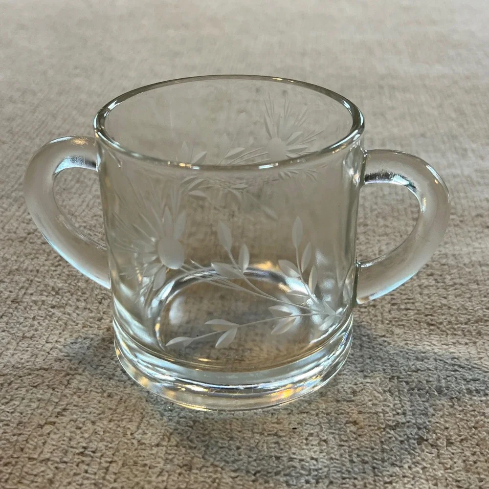 Vintage Etched Glass Cream and Sugar Set Floral Daisy Pattern Clear Glass Pair